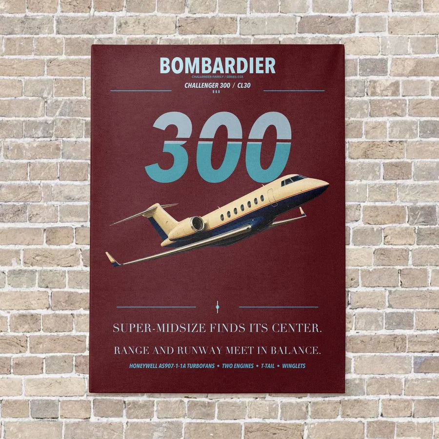 Bombardier Challenger 300 vertical canvas print - no frame - dark red background