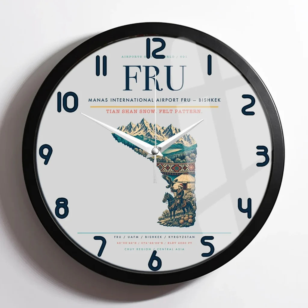 Manas International Airport (FRU) design on light gray framed wall clock