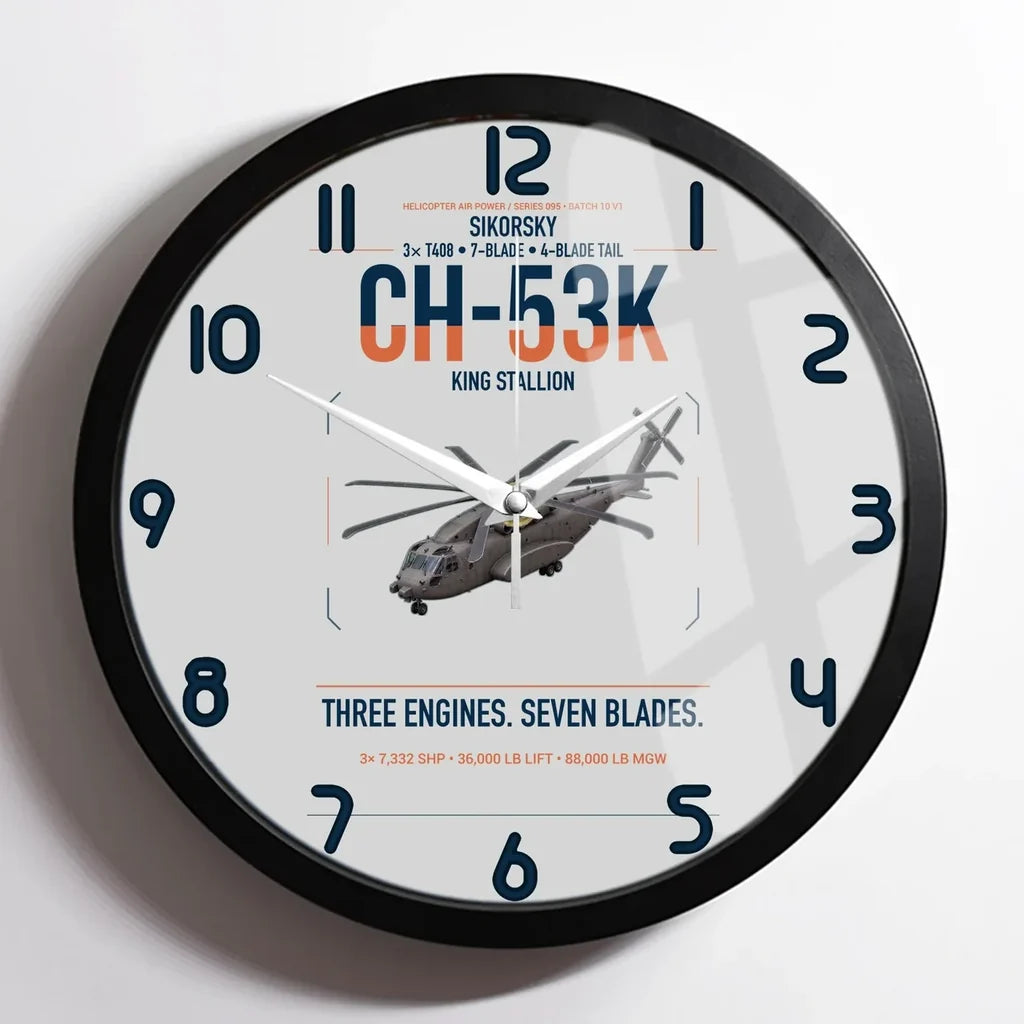 Sikorsky CH-53K King Stallion design on light gray framed wall clock