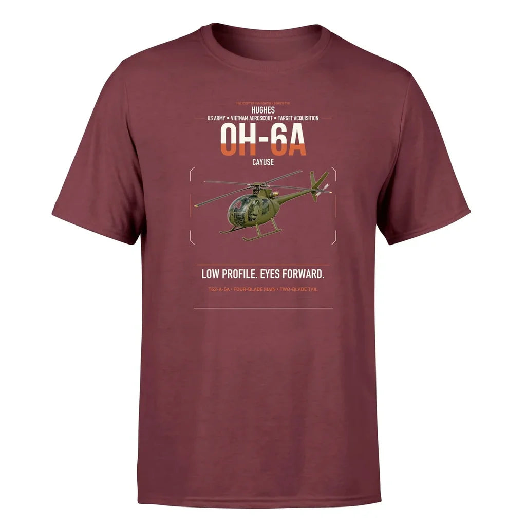 Hughes OH-6A Cayuse design on dark red t-shirt, single-side print