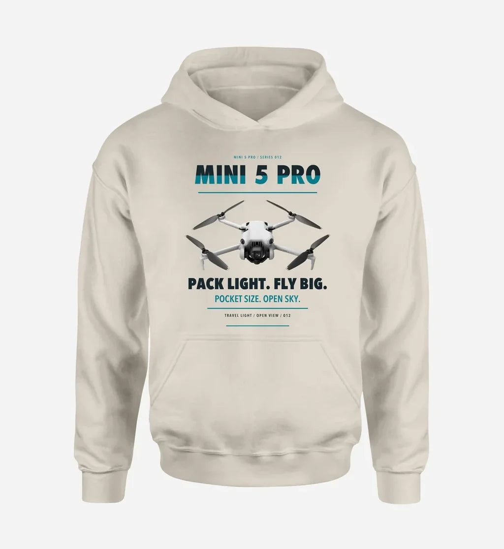 DJI Mini 5 Pro design on khaki hoodie single side