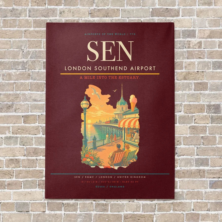 London Southend Airport SEN vertical canvas print - no frame - dark red background