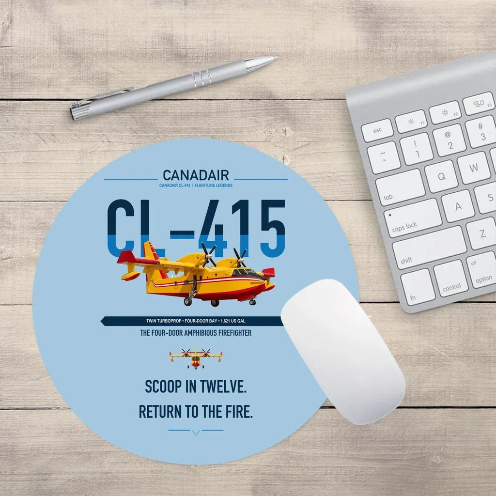 Canadair CL-415 design on light blue round mouse pad