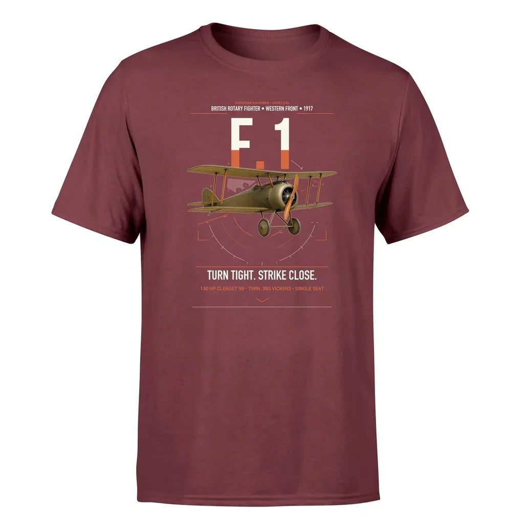 Sopwith Camel F.1 design on dark red t-shirt, single-side print