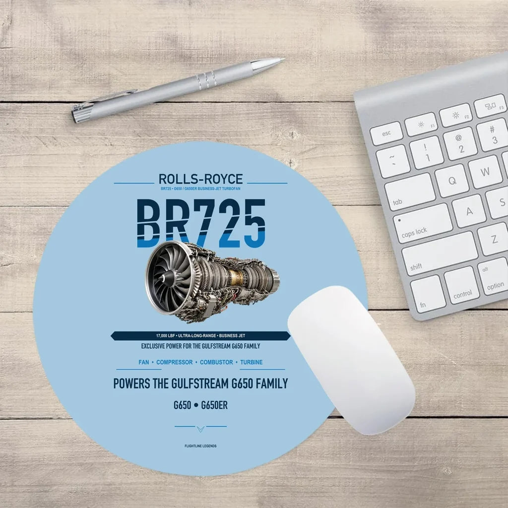 BR725 design on light blue round mouse pad