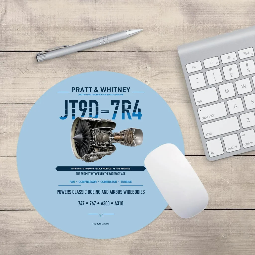 JT9D-7R4 design on light blue round mouse pad
