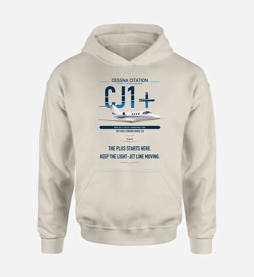 Cessna Citation CJ1+ design on khaki double-side hoodie, single-side print