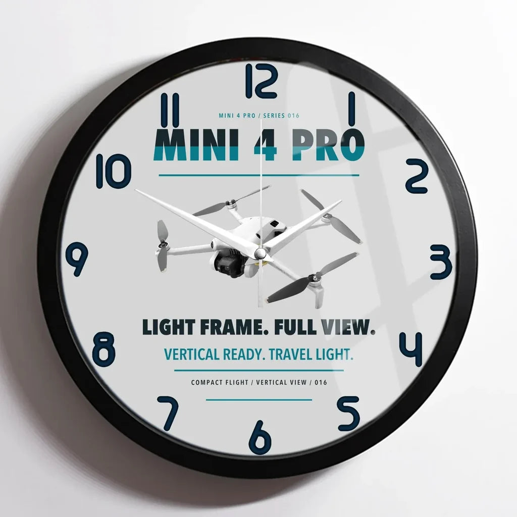 DJI Mini 4 Pro design on light gray framed wall clock