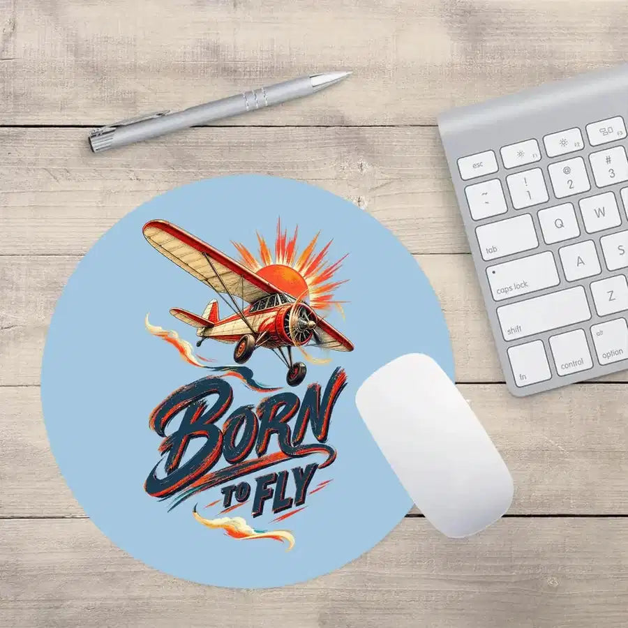 Born To Fly V2 design on light blue round mouse pad