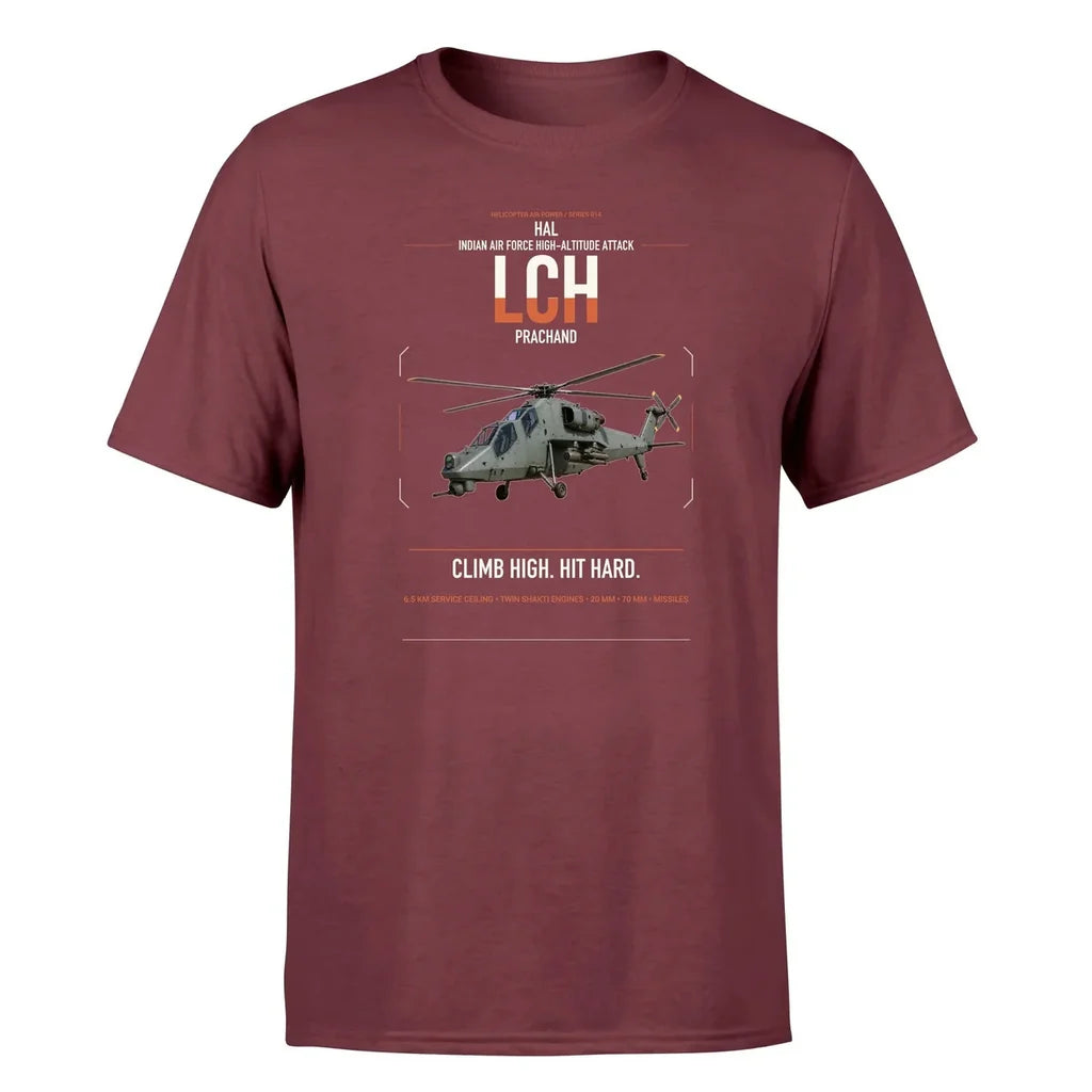 HAL LCH Prachand design on dark red t-shirt, single-side print