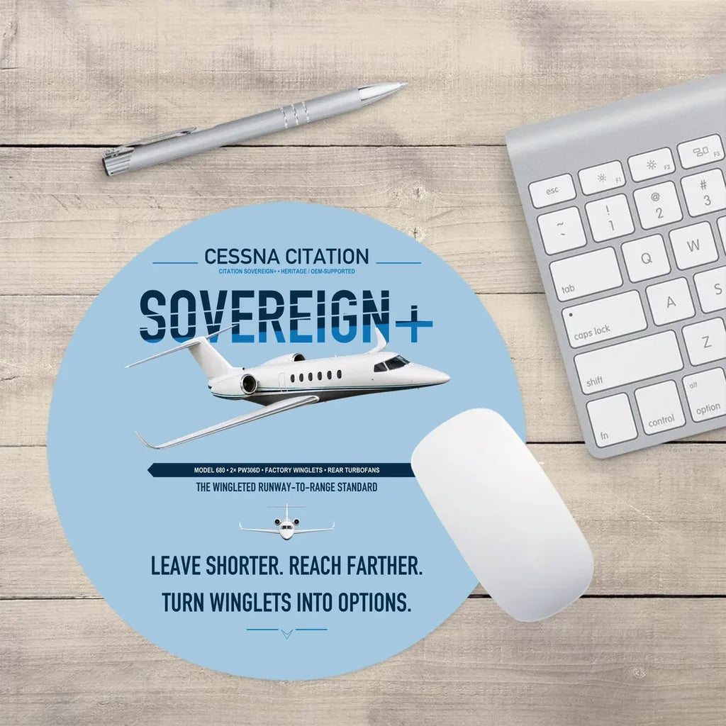 Cessna Citation Sovereign+ design on light blue round mouse pad