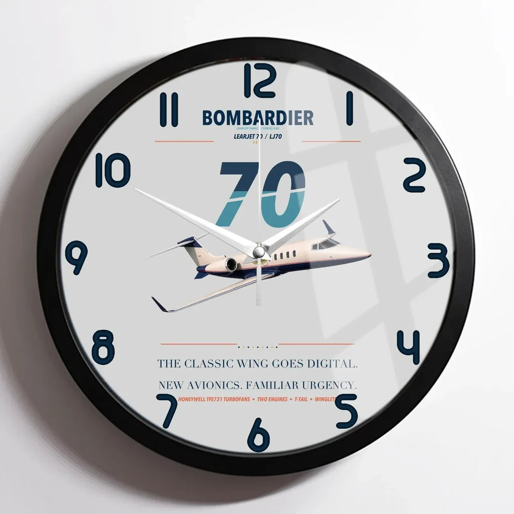 Bombardier Learjet 70 design on light gray framed wall clock