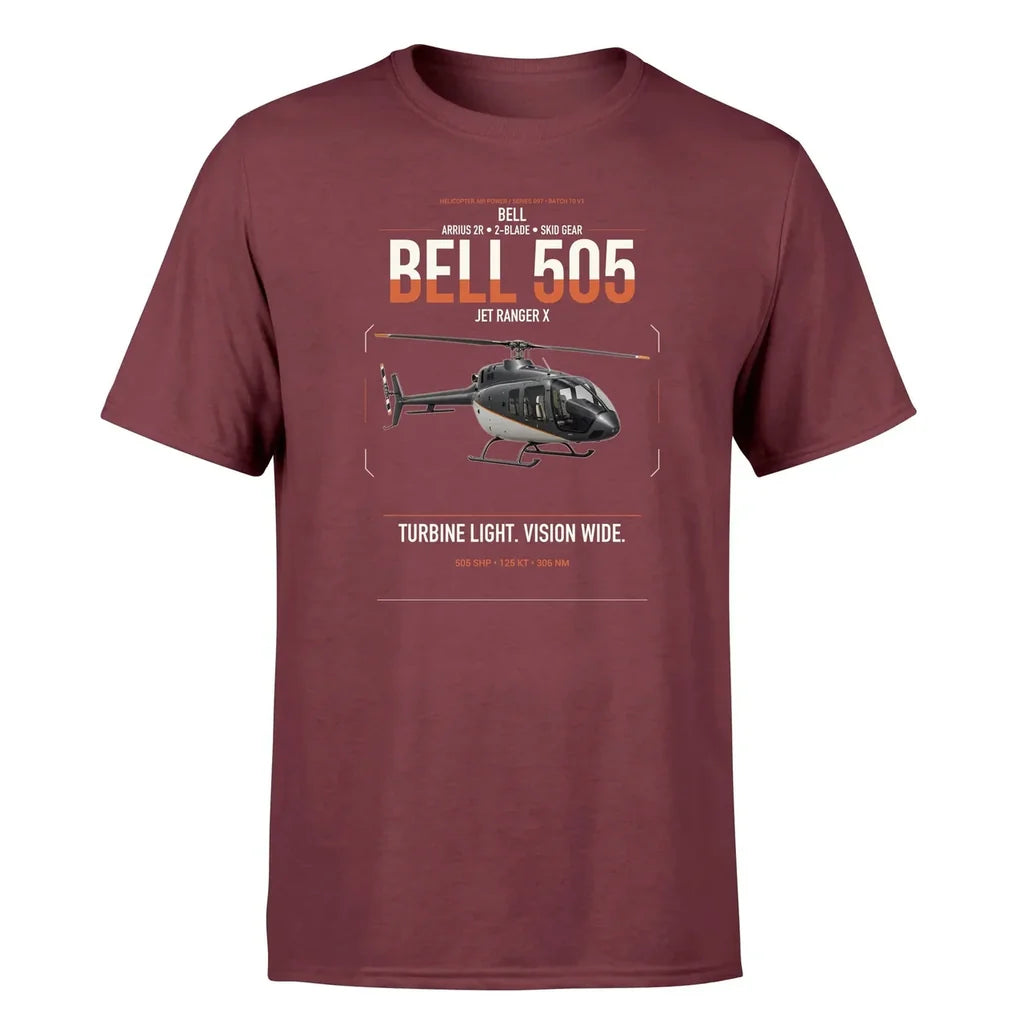 Bell 505 Jet Ranger X design on dark red t-shirt, single-side print