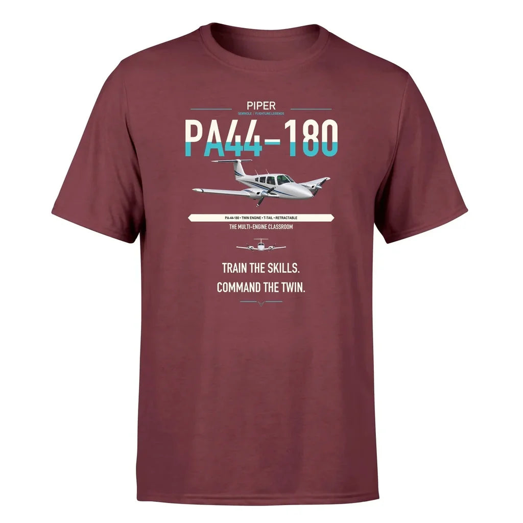 Piper PA-44-180 Seminole design on dark red t-shirt, single-side print