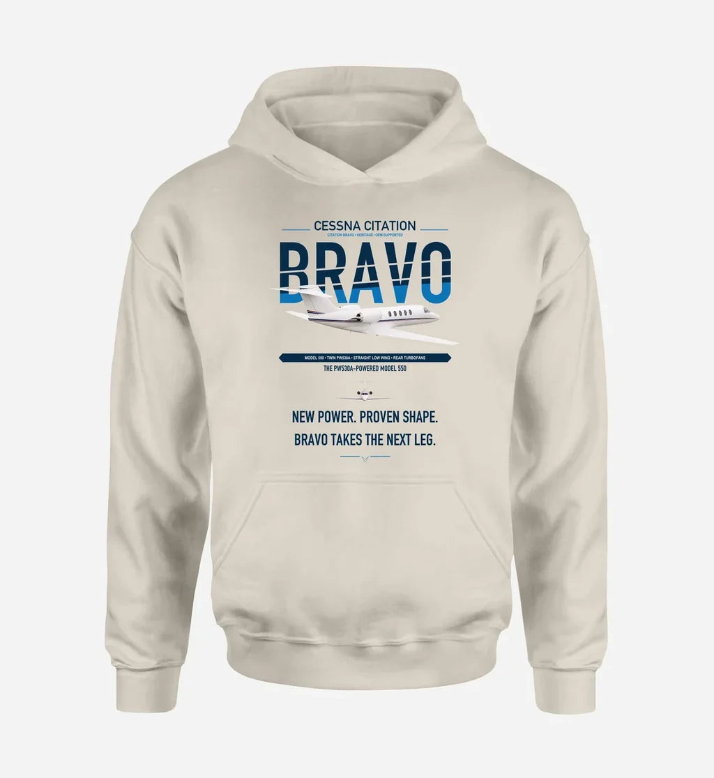 Cessna Citation Bravo design on khaki double-side hoodie, single-side print