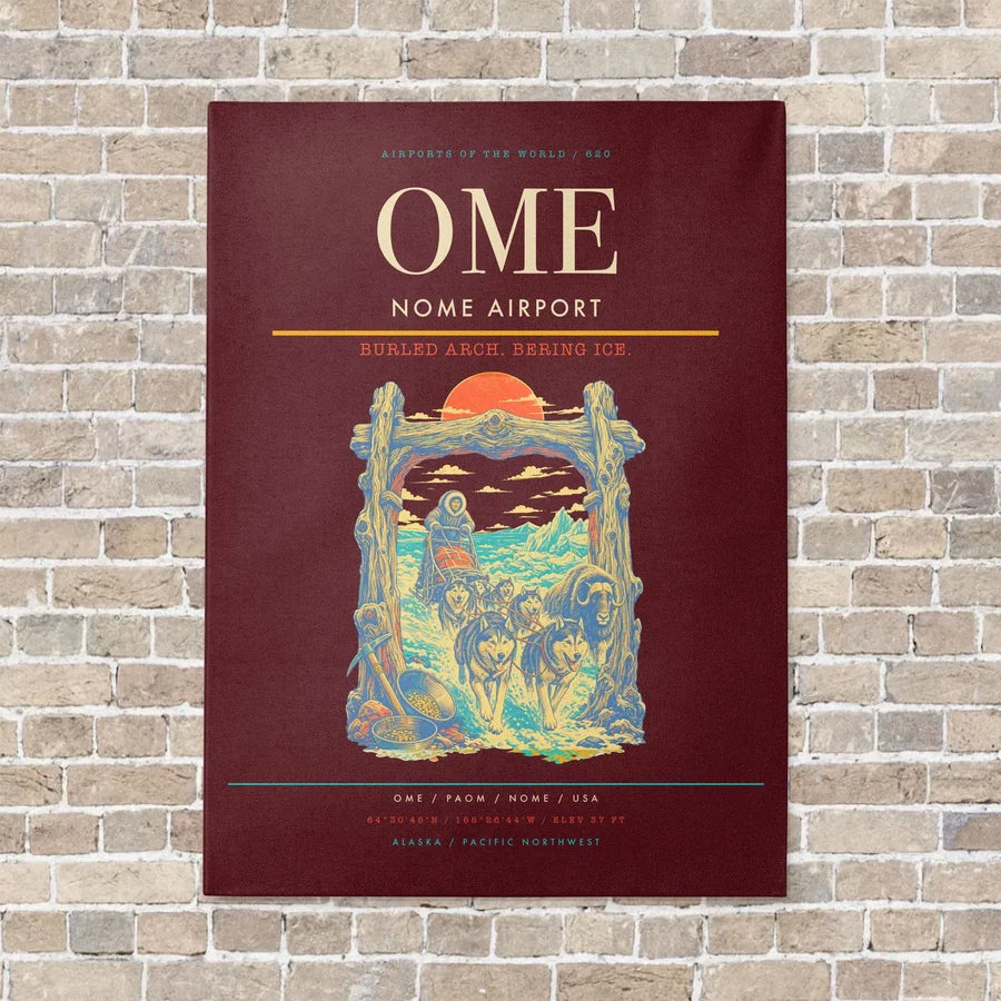 Nome Airport OME vertical canvas print - no frame - dark red background