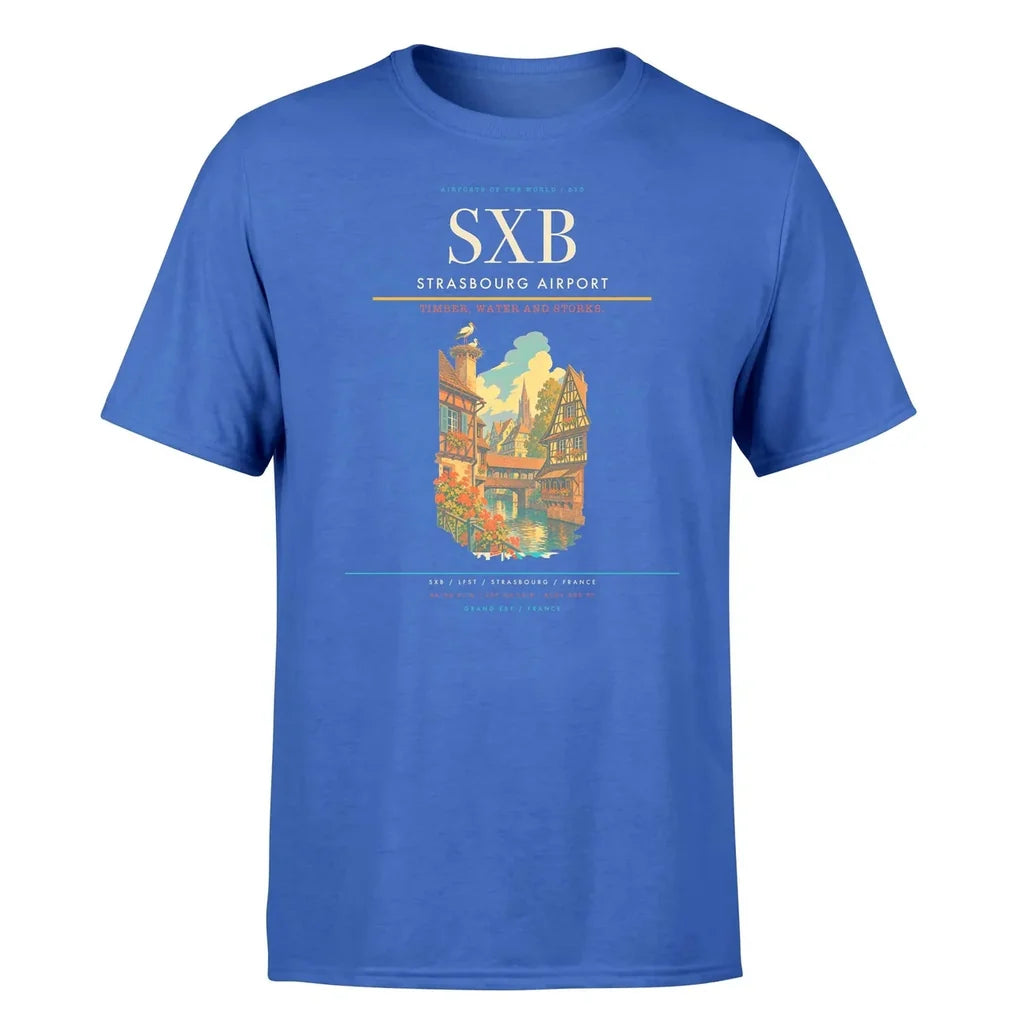 Strasbourg Airport (SXB) T-Shirt single-side front print in Blue | strasbourg-airport-sxb-double-side-t-shirt