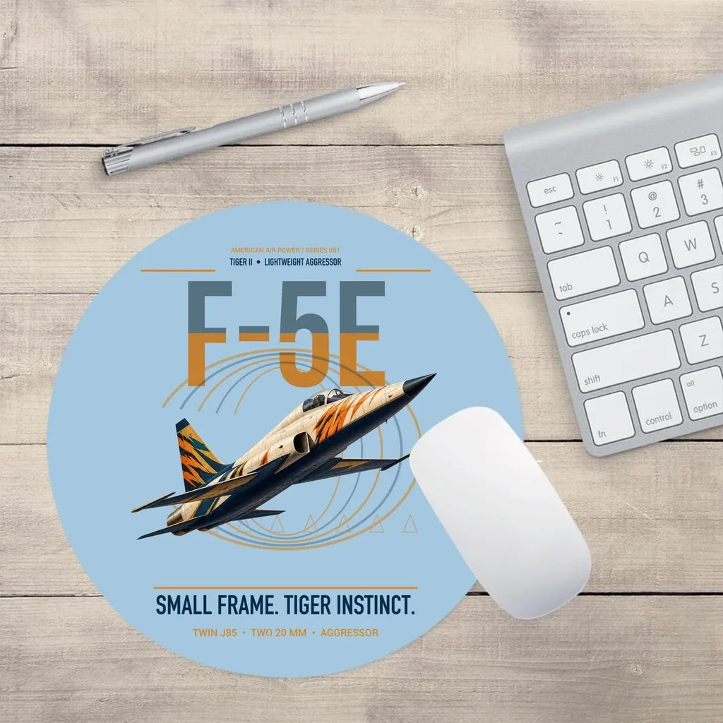 F-5E Tiger II design on light blue round mouse pad