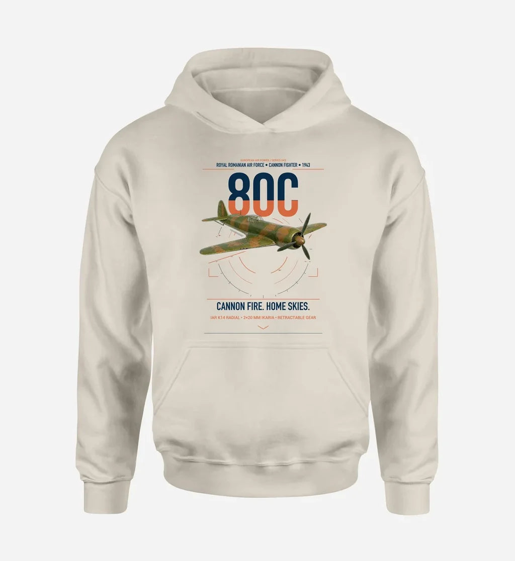 IAR 80C design on khaki double-side hoodie, single-side print