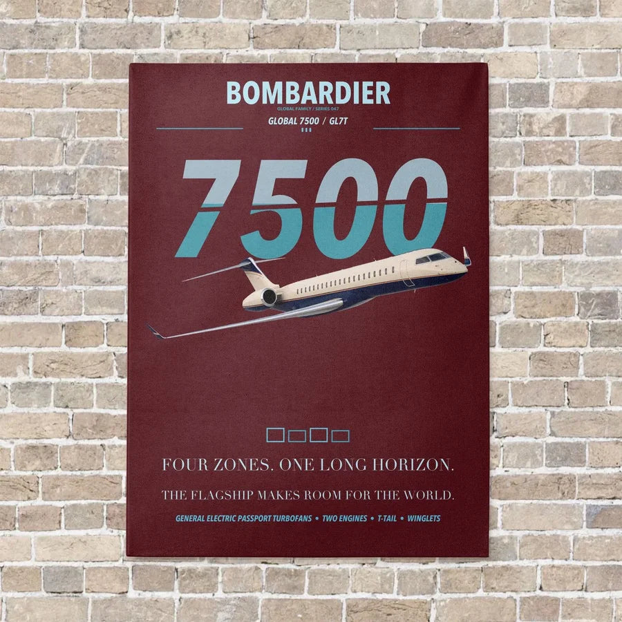 Bombardier Global 7500 vertical canvas print - no frame - dark red background