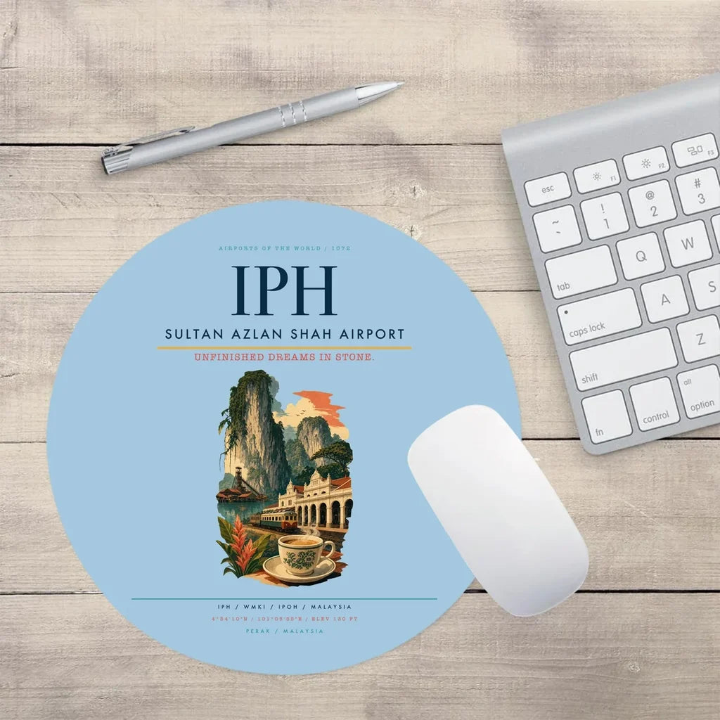 Sultan Azlan Shah Airport (IPH) design on light blue round mouse pad