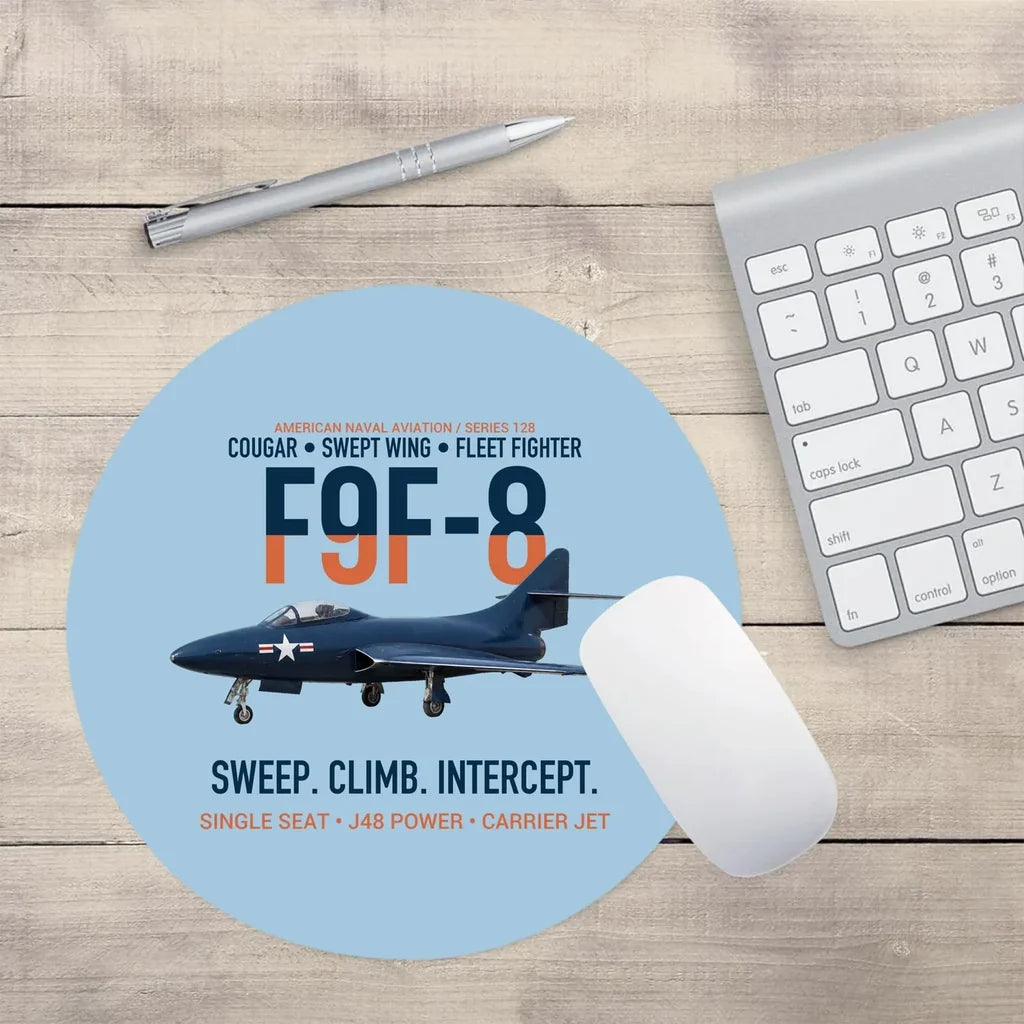 F9F-8 Cougar Swept Wing Carrier Fighter design on light blue round mouse pad