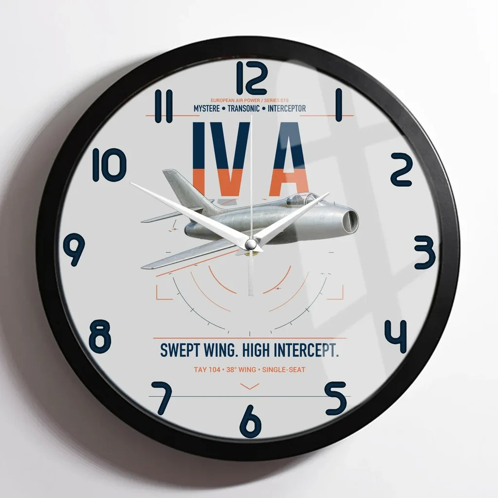 Dassault Mystère IV A design on light gray framed wall clock