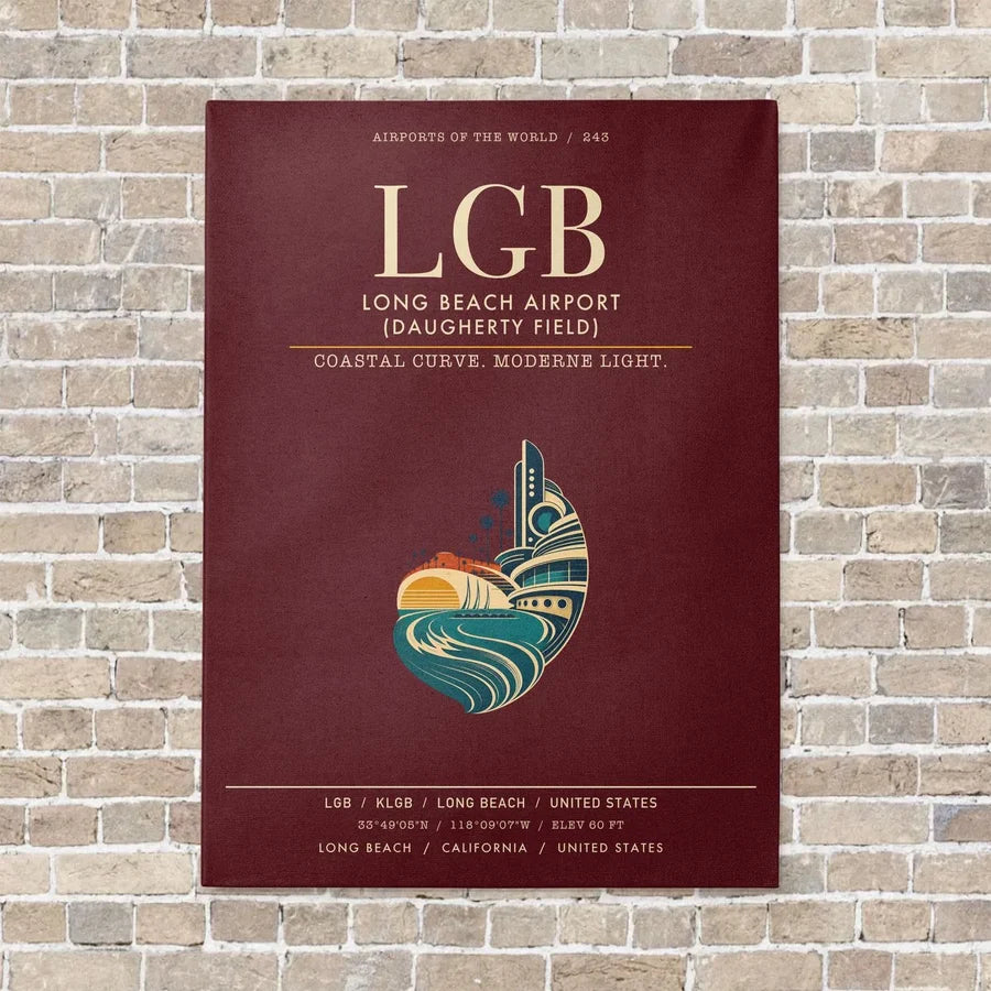Long Beach Airport (Daugherty Field) LGB vertical canvas print - no frame - dark red background
