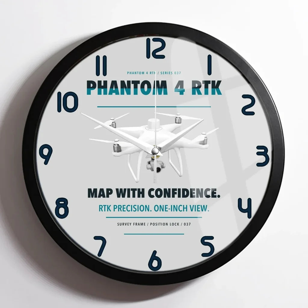 DJI Phantom 4 RTK design on light gray framed wall clock