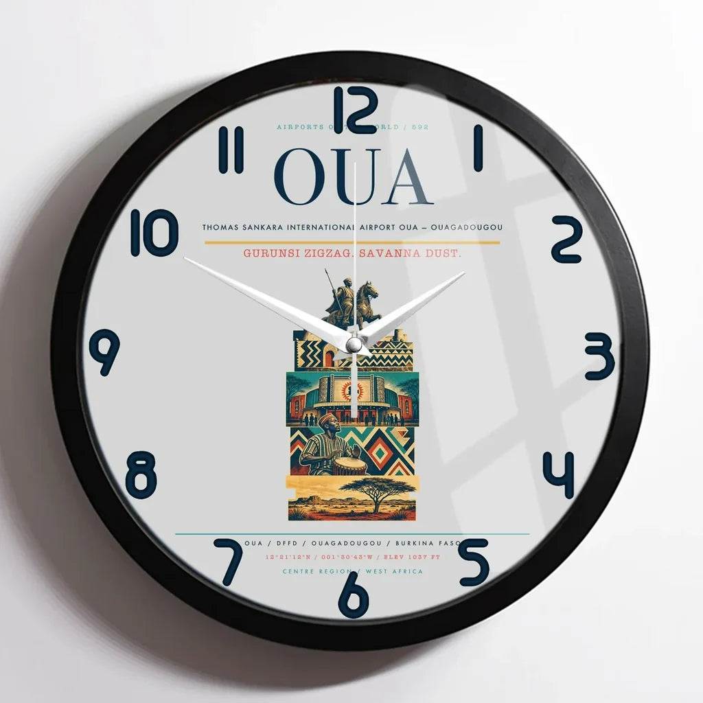 Thomas Sankara International Airport (OUA) design on light gray framed wall clock