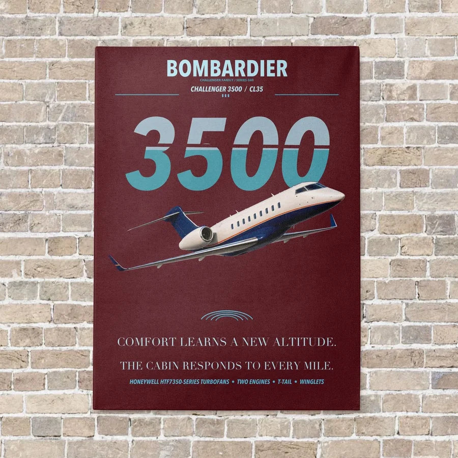 Bombardier Challenger 3500 vertical canvas print - no frame - dark red background