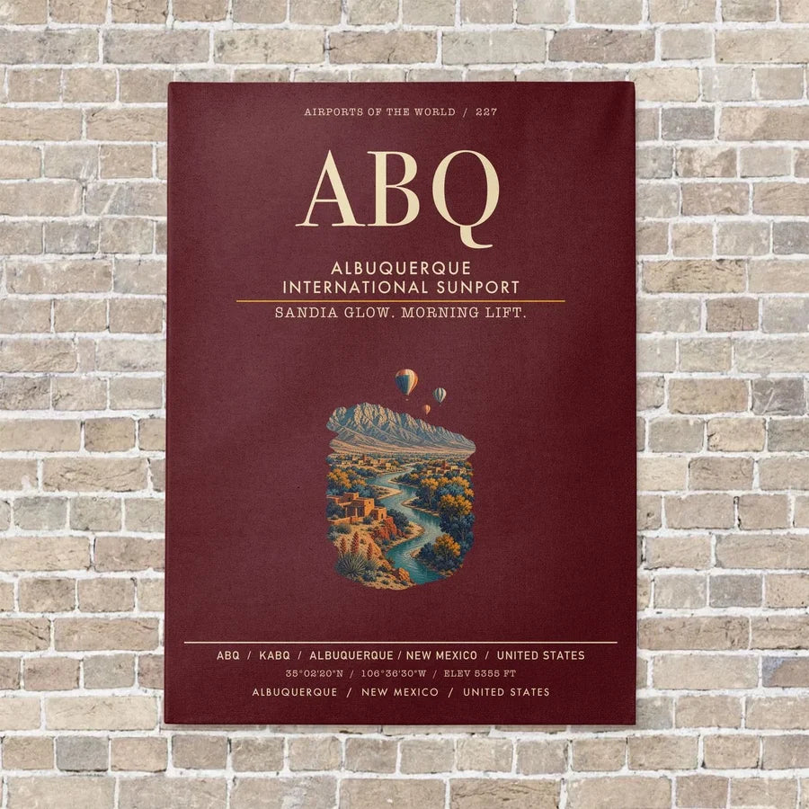 Albuquerque International Sunport ABQ vertical canvas print - no frame - dark red background