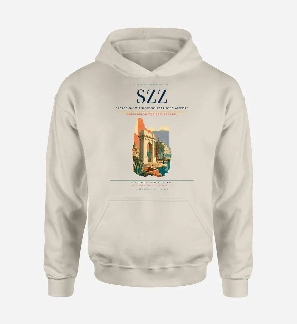 Szczecin-Goleniów Solidarność Airport (SZZ) design on khaki hoodie single-side print