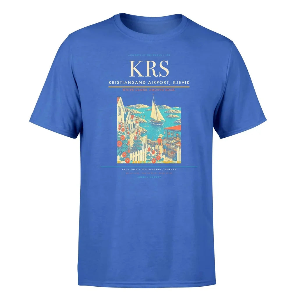 Kristiansand Airport, Kjevik (KRS) T-Shirt single-side front print in Blue | kristiansand-airport-kjevik-krs-double-side-t-shirt