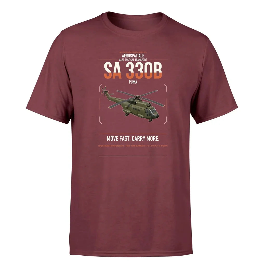 Aérospatiale SA 330B Puma design on dark red t-shirt, single-side print