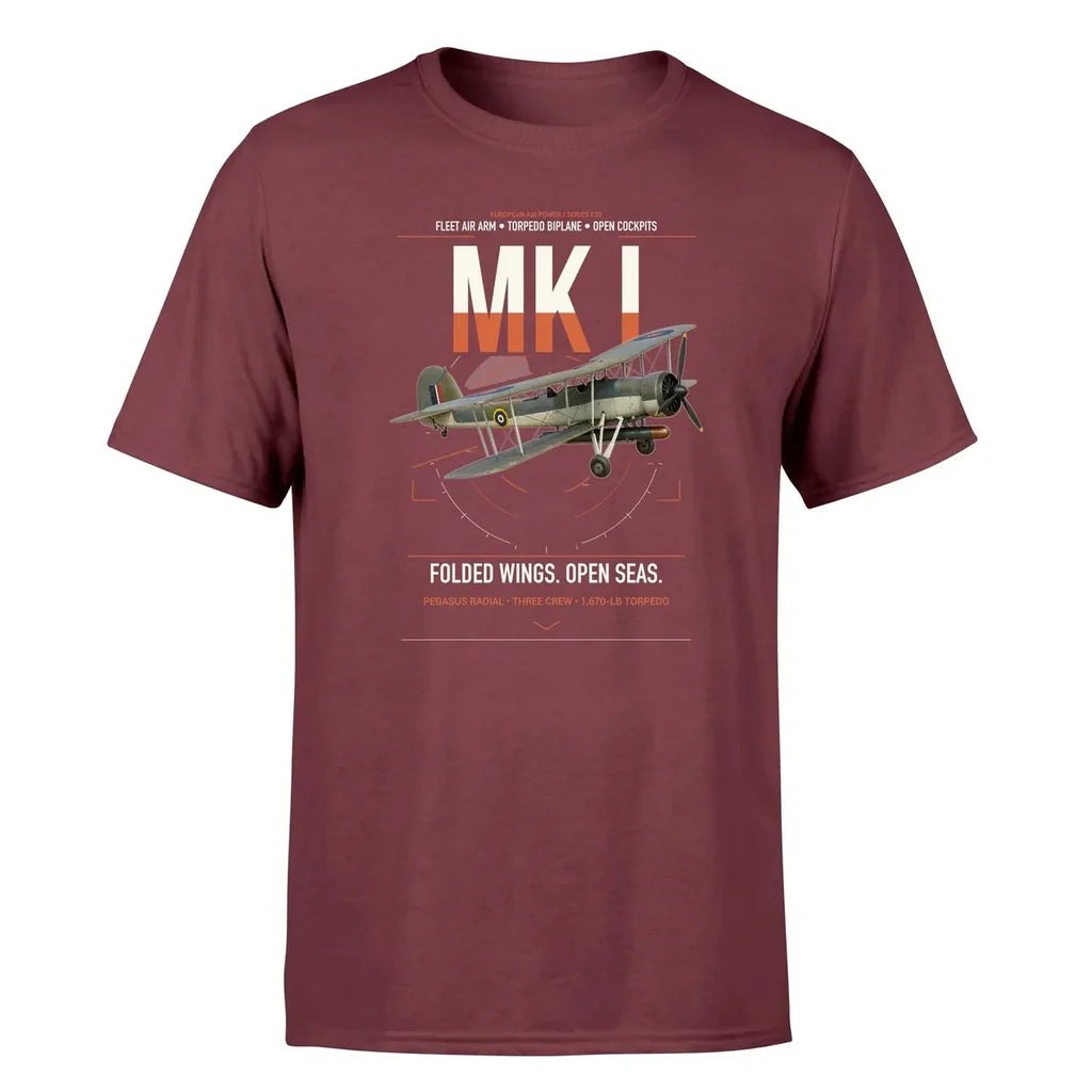 Fairey Swordfish Mk I design on dark red t-shirt, single-side print
