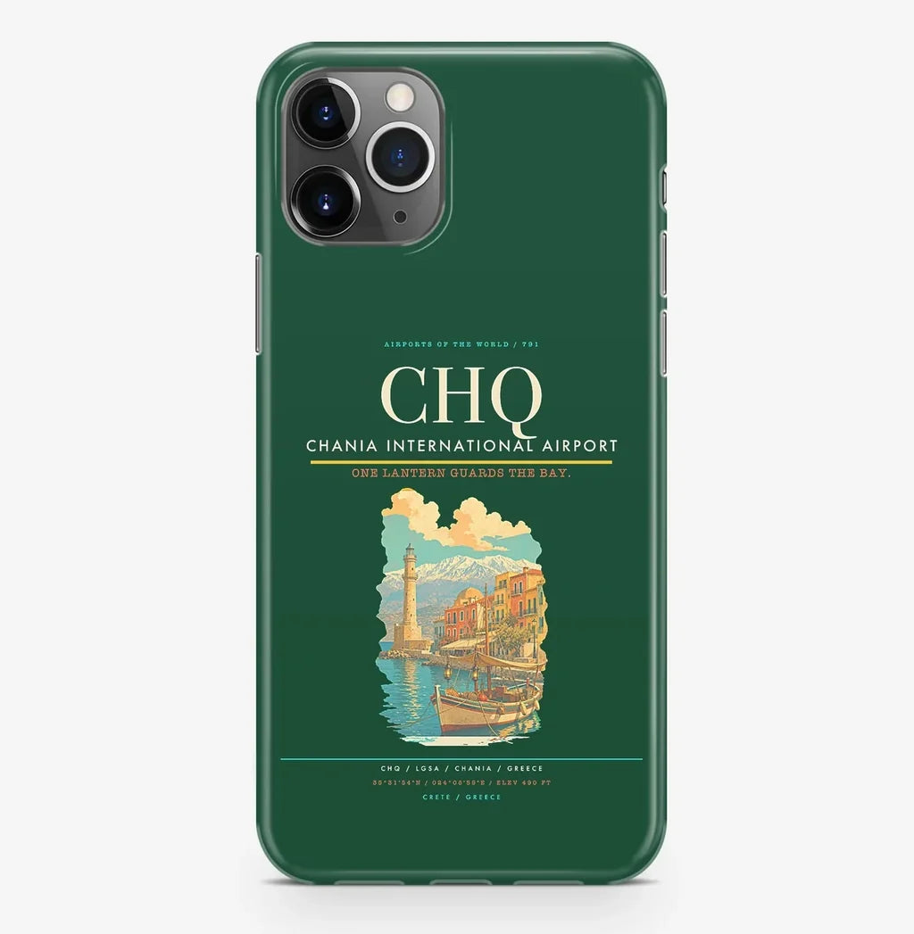 Chania Airport (CHQ) design on dark green iPhone 16 Pro MagSafe case