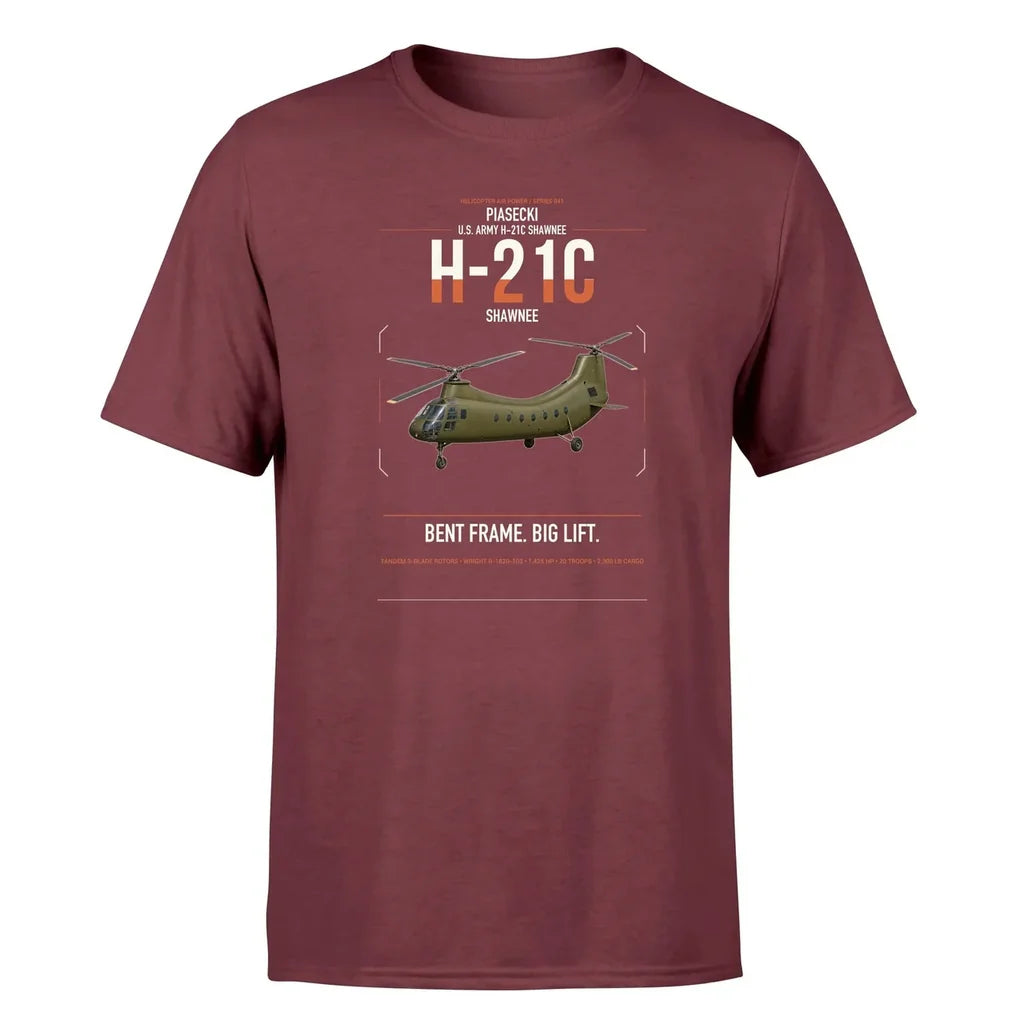 Piasecki H-21C Shawnee design on dark red t-shirt, single-side print