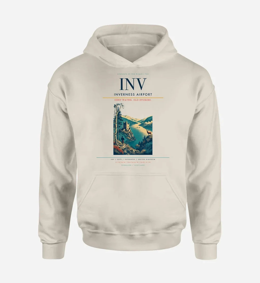Inverness Airport (INV) design on khaki hoodie single-side print