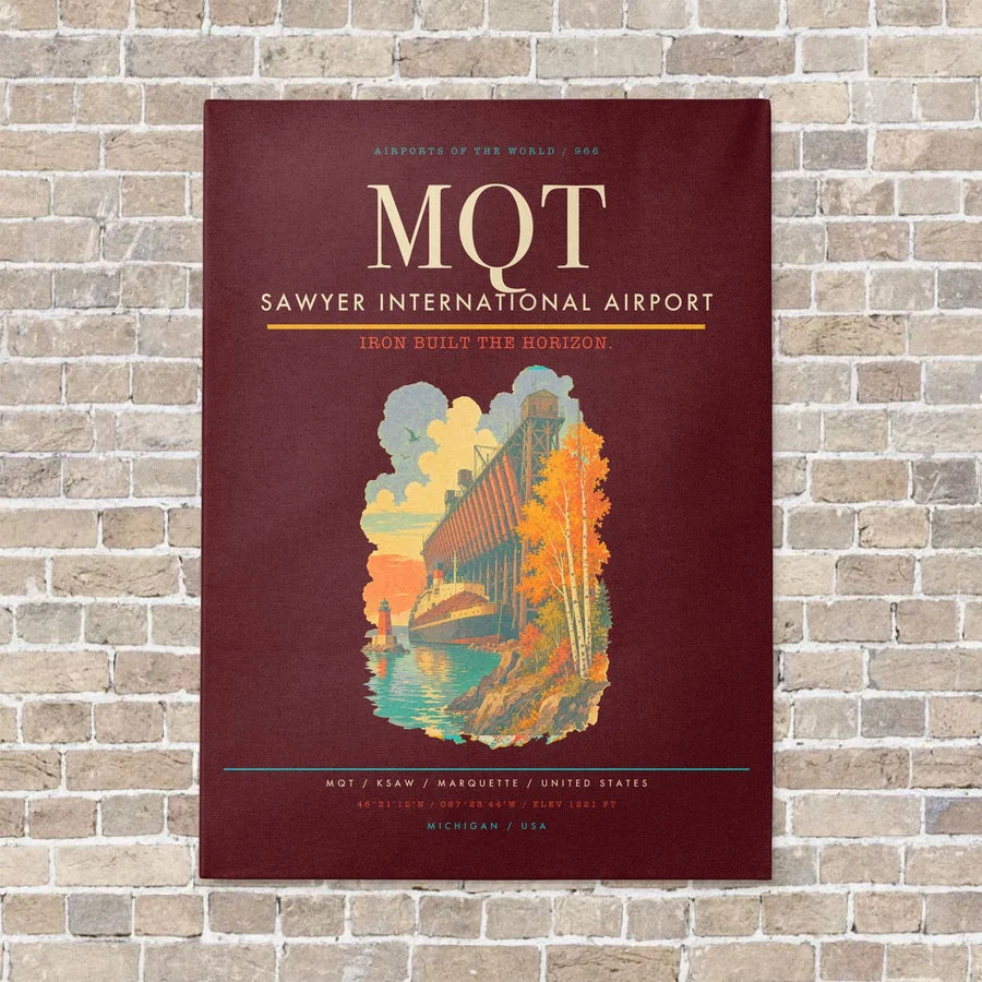 Sawyer International Airport MQT vertical canvas print - no frame - dark red background