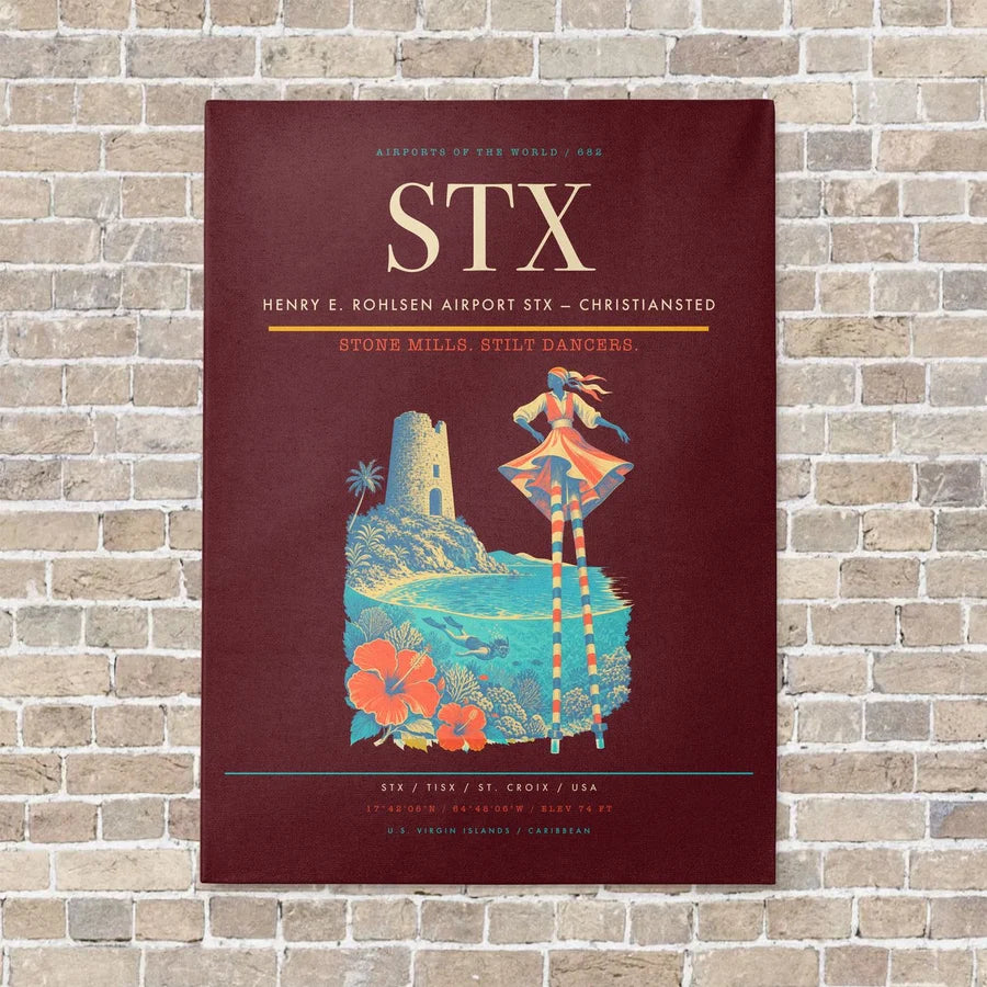Henry E. Rohlsen Airport STX — Christiansted vertical canvas print - no frame - dark red background