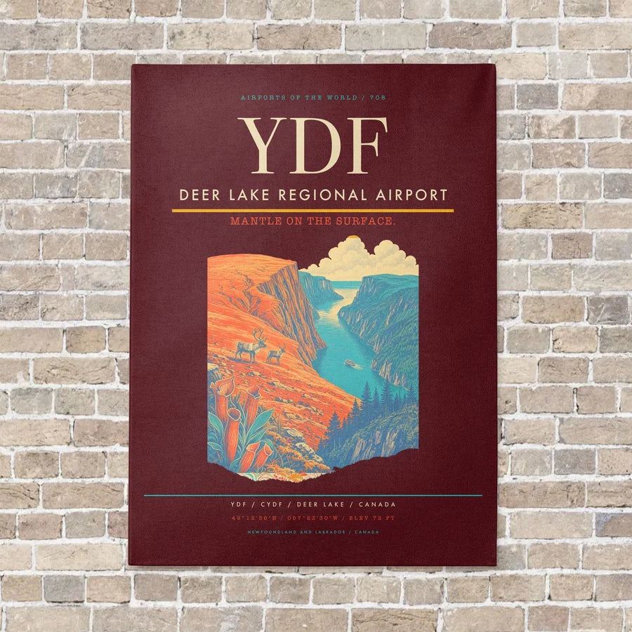 Deer Lake Regional Airport YDF vertical canvas print - no frame - dark red background