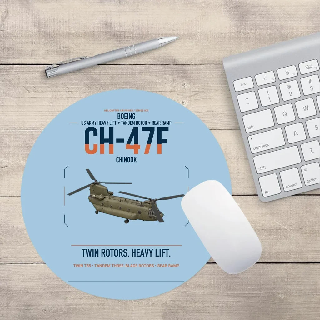 Boeing CH-47F Chinook design on light blue round mouse pad