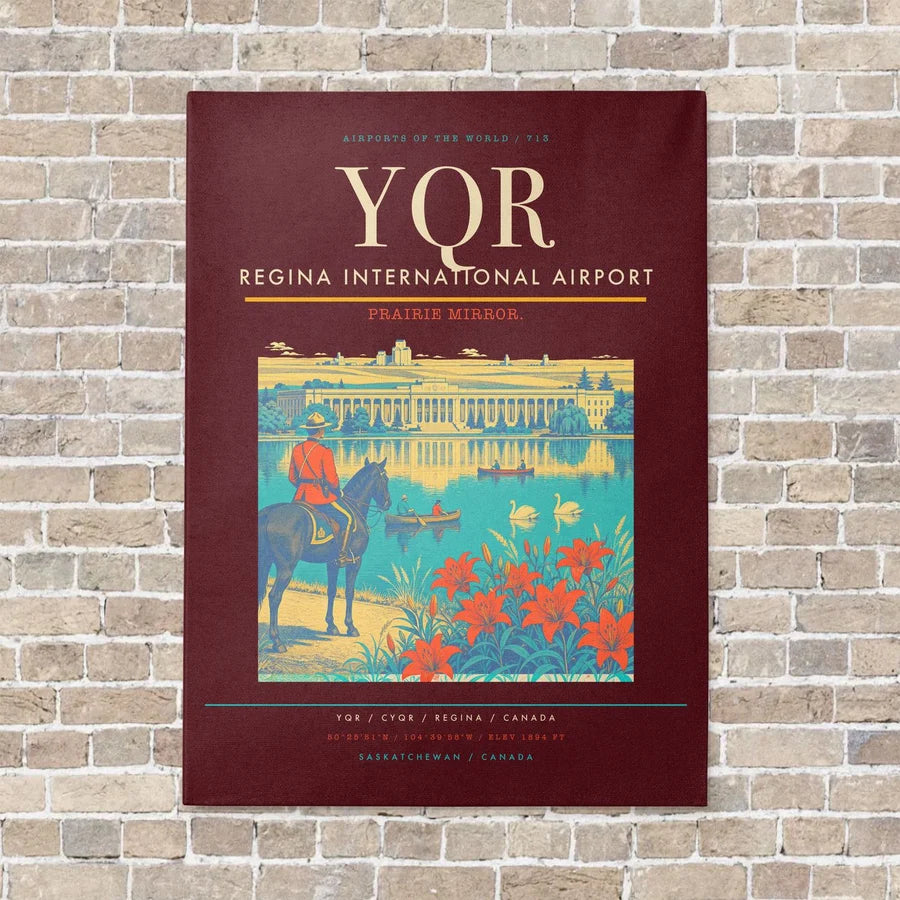 Regina International Airport YQR vertical canvas print - no frame - dark red background