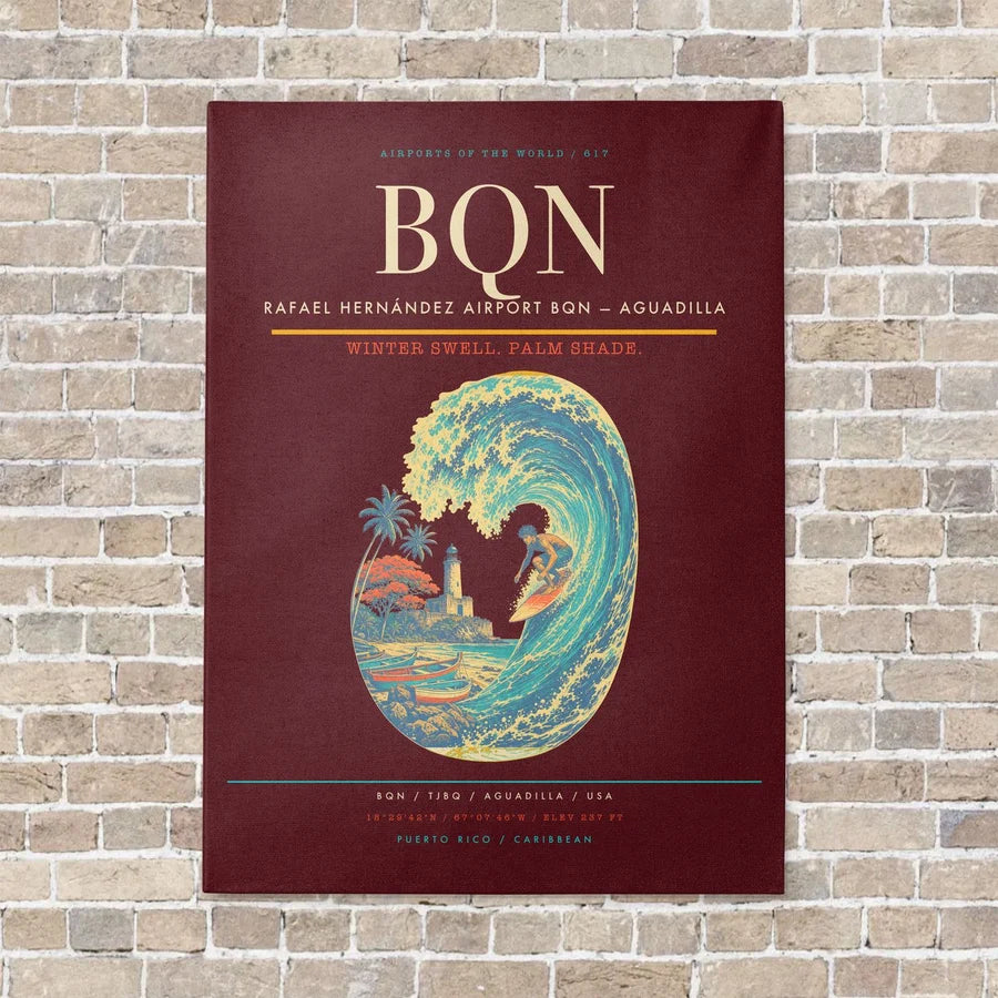Rafael Hernández Airport BQN — Aguadilla vertical canvas print - no frame - dark red background