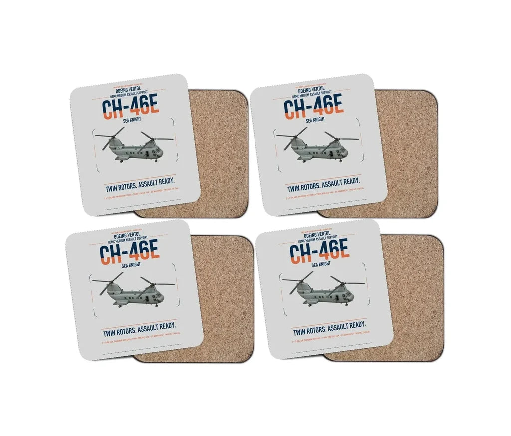 Boeing Vertol CH-46E Sea Knight design on light gray 4 pieces set coaster