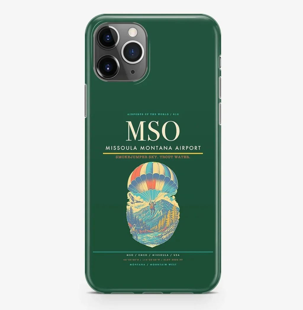 Missoula Airport (MSO) design on dark green iPhone 16 Pro MagSafe case