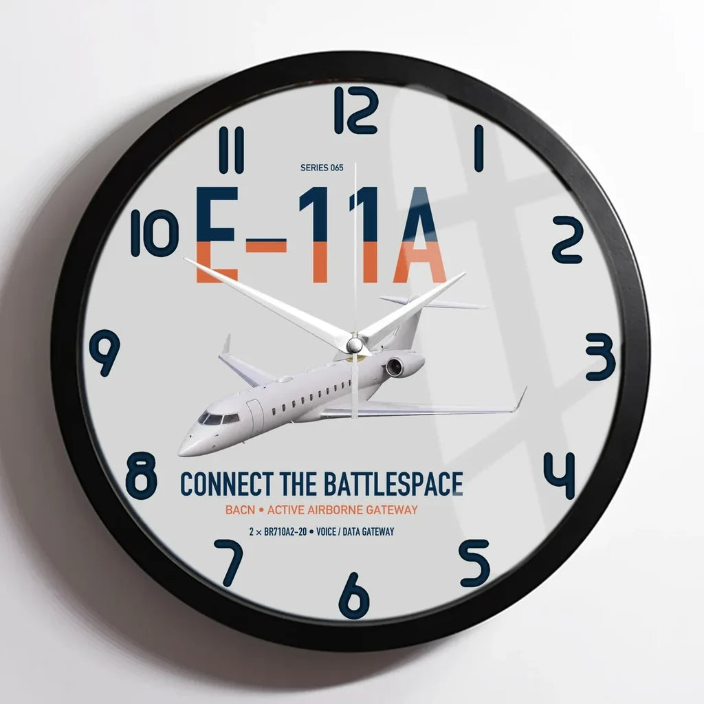 E-11A BACN design on light gray framed wall clock