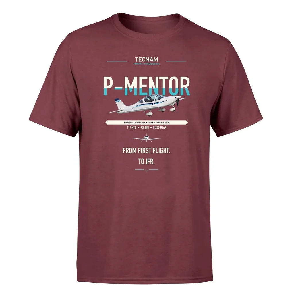 Tecnam P-Mentor design on dark red t-shirt, single-side print