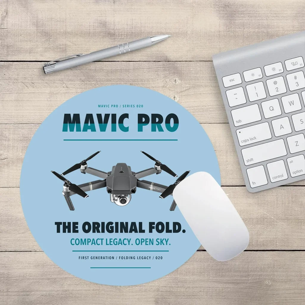 DJI Mavic Pro design on light blue round mouse pad